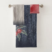 ダークブルー雪のクリスマスボールホリー バスタオルセット (インサイチュ)