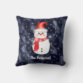 ダークブルー雪の背景のクリスマス雪だるま クッション (裏面)