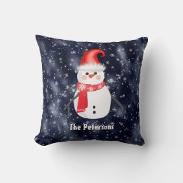 ダークブルー雪の背景のクリスマス雪だるま クッション