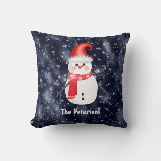 ダークブルー雪の背景のクリスマス雪だるま クッション (正面)