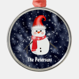 ダークブルー雪の背景のクリスマス雪だるま メタルオーナメント