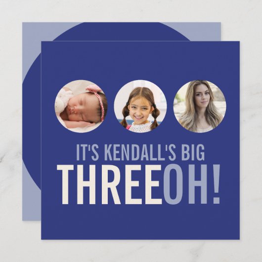 ダークブルー30th THREEOH！写真誕生日 招待状 (正面/裏面)