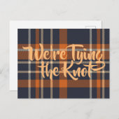 ダークブルー＆オレンジのチェック柄結婚式招待状 インビテーションポストカード (正面/裏面)