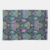 ダークブルー、グリーン、パープルフローラ キッチンタオル (横)