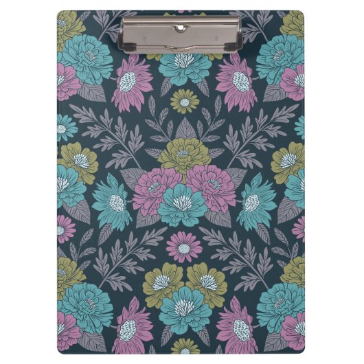 ダークブルー、グリーン、パープルフローラ クリップボード (正面)