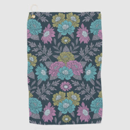 ダークブルー、グリーン、パープルフローラ ゴルフタオル