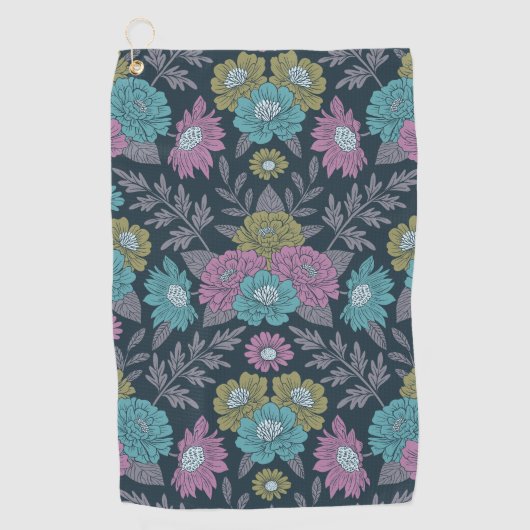 ダークブルー、グリーン、パープルフローラ ゴルフタオル (正面)
