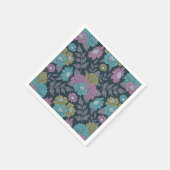ダークブルー、グリーン、パープルフローラ スタンダードカクテルナプキン (角)