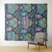 ダークブルー、グリーン、パープルフローラ タペストリー (インサイチュ(横))