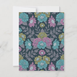 ダークブルー、グリーン、パープルフローラ ノートカード