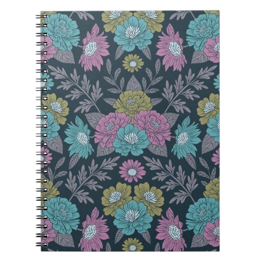 ダークブルー、グリーン、パープルフローラ ノートブック (正面)