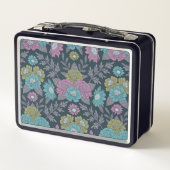ダークブルー、グリーン、パープルフローラ メタルランチボックス (裏面)