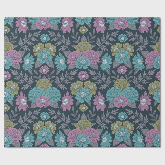 ダークブルー、グリーン、パープルフローラ ラッピングペーパー (フラット)