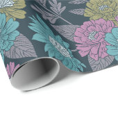 ダークブルー、グリーン、パープルフローラ ラッピングペーパー (ロールコーナー)
