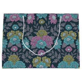 ダークブルー、グリーン、パープルフローラ ラージペーパーバッグ