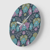 ダークブルー、グリーン、パープルフローラ ラージ壁時計 (傾斜)