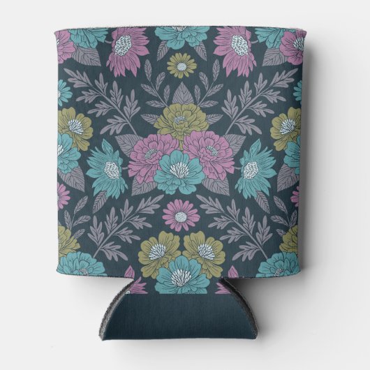 ダークブルー、グリーン、パープルフローラ 缶クーラー (正面)