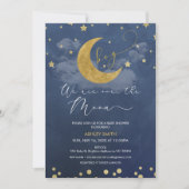 ダークブルー ゴールド 私たちはお月様に夢中 ベビーシャワー 招待状 (正面)