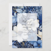 ダークブルー、シルバー、ホワイトの花柄のウェディング 招待状 (正面)