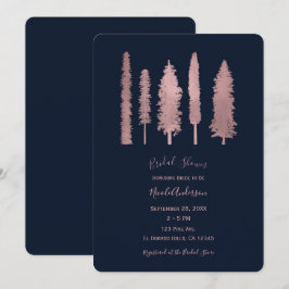 ダークブルー&バラ金ゴールドフォレストツリーズブライダルシャワー 招待状