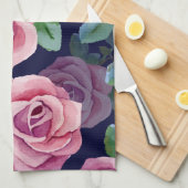 ダークブルー、ピンクのバラ水色。 キッチンタオル (四つ折り)