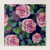 ダークブルー、ピンクのバラ水色。 ジグソーパズル (横)