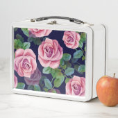 ダークブルー、ピンクのバラ水色。 メタルランチボックス (インサイチュ)