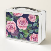 ダークブルー、ピンクのバラ水色。 メタルランチボックス (裏面)