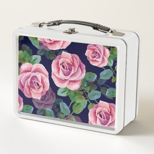 ダークブルー、ピンクのバラ水色。 メタルランチボックス (正面)