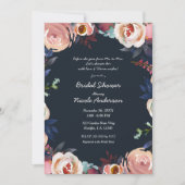 ダークブルー&ピンクウォーターカラーフローラブライダルシャワー 招待状 (正面)