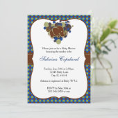 ダークブルー＆ブラウンの赤ちゃん象 | ベビーシャワー 招待状 (スタンド正面)