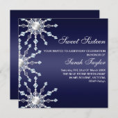 ダークブルー/ホワイトきらめくスノーフレーク誕生日招待状 招待状 (正面/裏面)