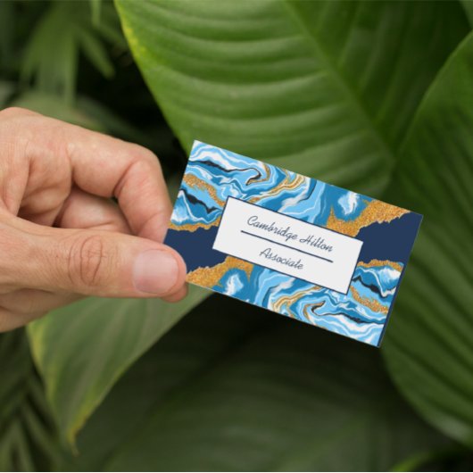 ダークブルー、ホワイトと金ゴールド大理石の流体アート 名刺