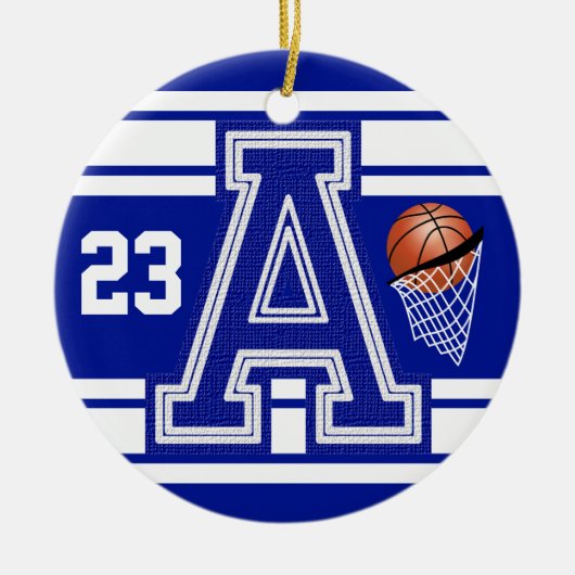 ダークブルー&ホワイトバスケットボールオールバーシティレター セラミックオーナメント (正面)