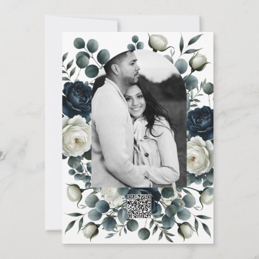 ダークブルー&ホワイトモダンフローラグリーンリーウェディング 招待状 (裏面)