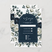 ダークブルー&ホワイトモダンフローラグリーンリーRSVP 出欠カード (正面/裏面)