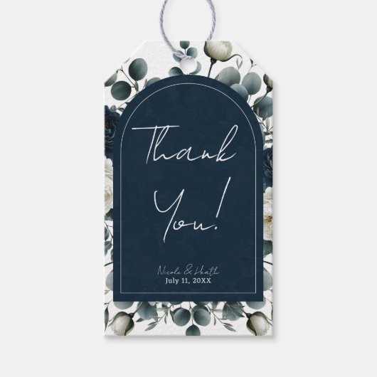 ダークブルー&ホワイトモダンフローラグ結婚リーズ ギフトタグ (正面)