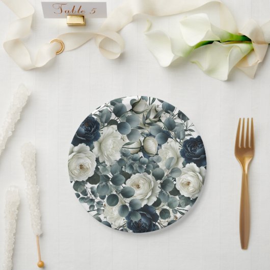 ダークブルー&ホワイトモダンフローラグ結婚リーズ ペーパープレート (ウェディング)