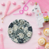 ダークブルー&ホワイトモダンフローラグ結婚リーズ ペーパープレート (パーティー)