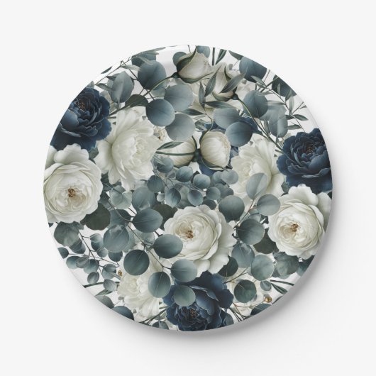 ダークブルー&ホワイトモダンフローラグ結婚リーズ ペーパープレート (正面)