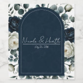 ダークブルー&ホワイトモダンフローラグ結婚リーズ ワインラベル (シングルラベル)