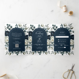 ダークブルー&ホワイトモダンフローラグ結婚リーズ 三つ折り招待状
