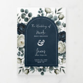 ダークブルー&ホワイトモダンフローラグ結婚リーズ 三つ折り招待状 (カバー)