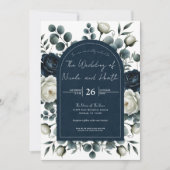 ダークブルー&ホワイトモダンフローラグ結婚リーズ 招待状 (正面)