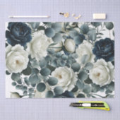 ダークブルー&ホワイトモダンフローラグ結婚リーズ 薄葉紙 (クラフト)