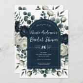 ダークブルー&ホワイトモダンフローラブライダルシャワー 招待状 (正面/裏面)