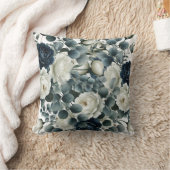 ダークブルー&ホワイトモダンフローラ緑 クッション (ブランケット)