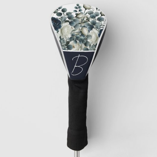 ダークブルー&ホワイトモダンフローラ緑 ゴルフヘッドカバー (正面)