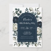 ダークブルー&ホワイトモダンフローラ誕生会 招待状 (正面)