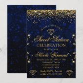 ダークブルー《写真》ぼけ味&金ゴールドグリッタースウィート16 招待状 (正面/裏面)